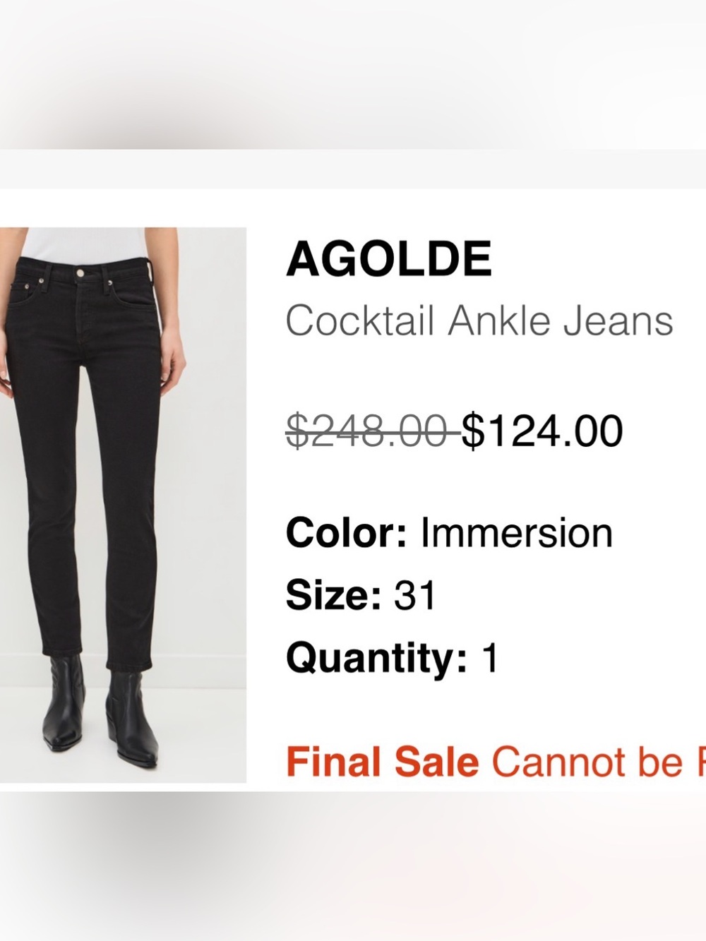 Agolde Cocktail Ankle Jeans - Black NWOT